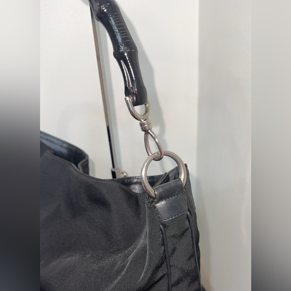 Gucci Bamboo Shoulder Bag Nylon Black Silver Handbag AUTHENTIC - Picture 4 of 14